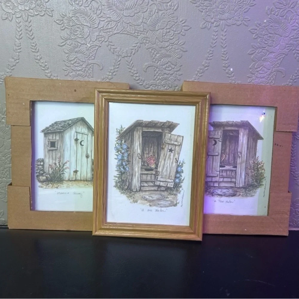 Rustic Brown Framed Outhouse Art Set New NIB